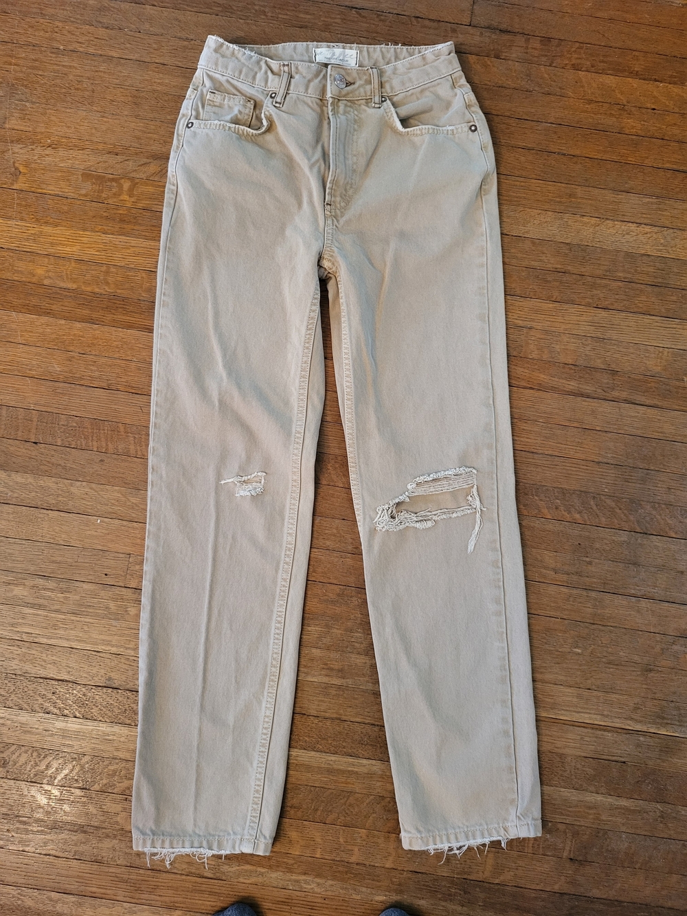 Free People Light Beige High-Rise Jeans with Branded Button